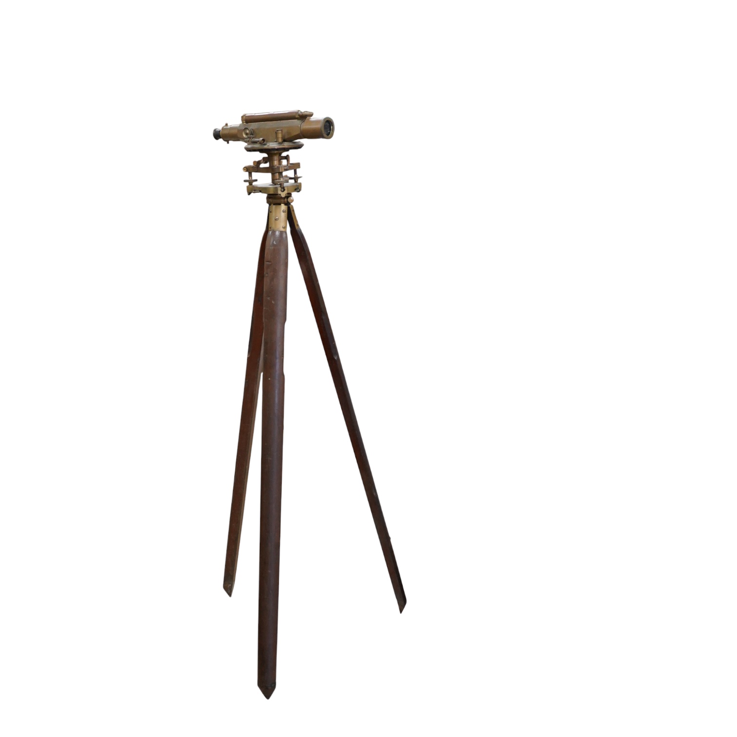 An early 20th century surveyor’s brass theodolite by Stanley, Holborn, London, serial number 27108, on original brass mounted tripod with oak legs, overall height 170cm